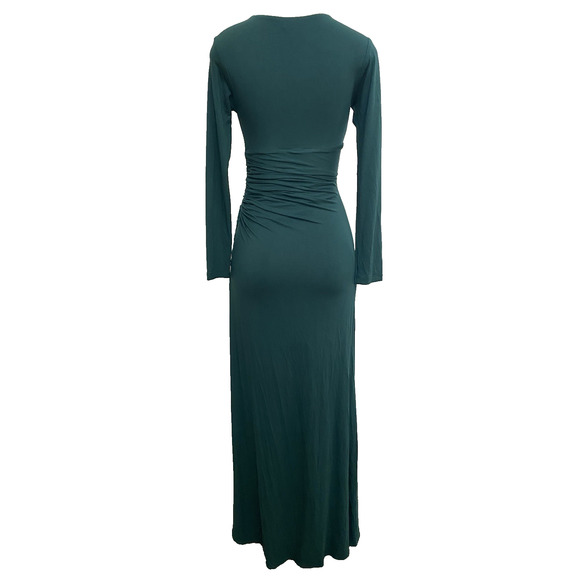 NWT SKY Dress V Neck Long Sleeve Maxi A line Ruched Green Long Slit Knit XS - Picture 2 of 9